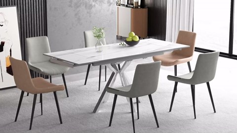 55" to 83" Extendable Modern Dining Table with Blade Extension Plate, Seats 4-8, Rectangular Ceramic Laminate Glass Kitchen Dining Table with Chrome Legs for Kitchen Dining Room