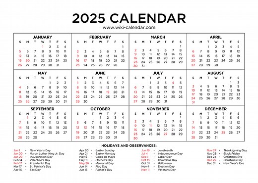 Year 2025 Calendar Printable with Holidays - Wiki Calendar