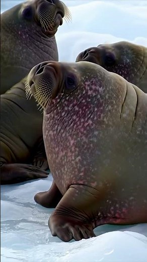 Baby walruses cuddle together on the ice as a giant adult plunges into the water #wildlife