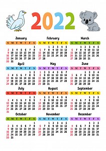 Calendar for 2022 with a cute character. Fun and bright design....