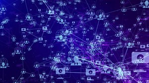 Social media connection network animation with digital nodes, online through technology data sharing animation.