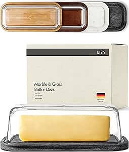 KIVY Butter Dish (Black Marble & Glass) - For countertop and refrigerator door shelf - Marble butter keeper - Stone butter dish with lid - Dishwasher Safe