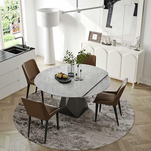 Extendable Round Sintered Stone Dining Table with Leaves