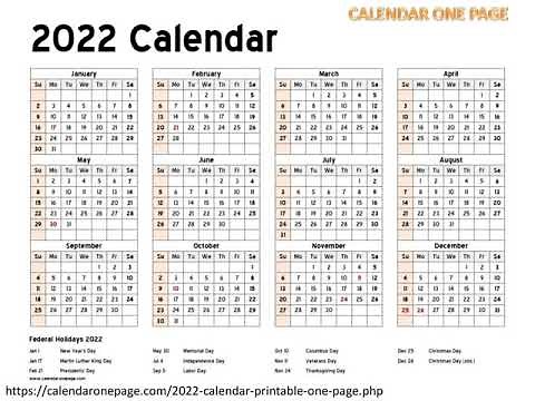 Printable Calendar 2022 One Page