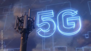 Animation showcasing a 5G tower with visualized network lines, emphasizing the revolution in speed and connectivity in modern telecommunication