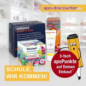 Schule, wir kommen! 🤓 Frische jetzt die Kinderhausapotheke für den Schulstart auf & sichere Dir 3-fach apoPunkte 🟠🟠🟠 auf Deinen Einkauf!* *) Im Zeitraum vom 09.08.2020 bis einschließlich 21.08.2020 erhältst Du 3-fach apoPunkte beim Kauf von Produkten der Seite https://www.apodiscounter.de/schulbank-c-1081 über Dein Kundenkonto. Die Teilnahmebedingungen des Bonusprogramms bleiben unverändert. Alle Informationen zum apoprimo-Bonusprogramm entnimmst Du bitte unseren Teilnahmebedingungen [https: