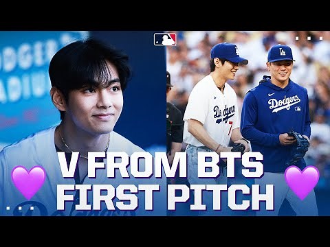 V (김태형) from BTS throws a STRIKE for his Dodgers first pitch! ⚾️ | 방탄소년단