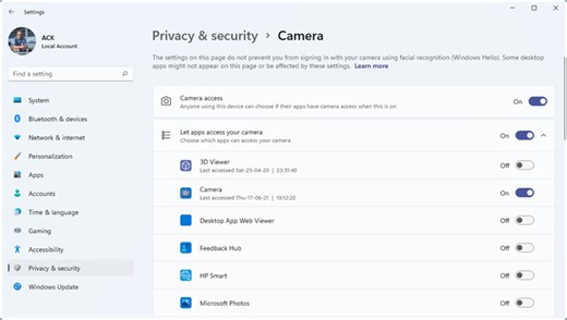 Laptop Camera not working in Windows 11