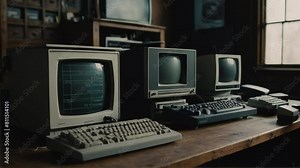 Old computer monitor and mouse, antique pc collection Generative AI